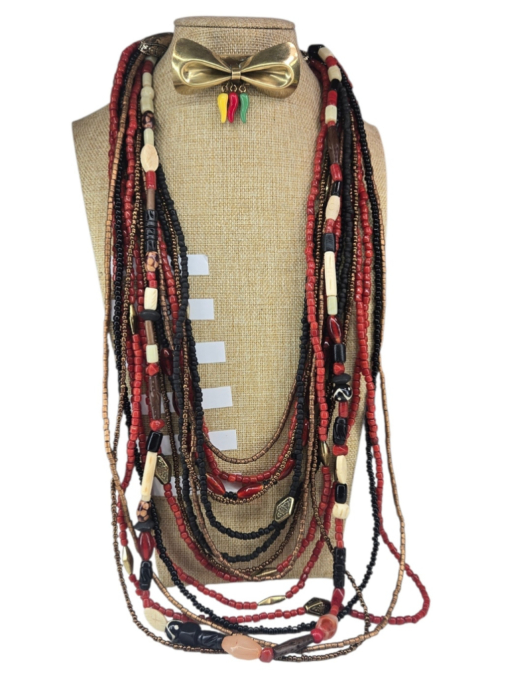 Chico's Necklace Red Black Goldtone Beaded Statement Multi-Strand Tribal Layers